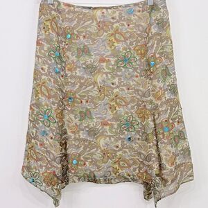 Strenesse Blue Brown Colorful Sequin Embroidered 100% Silk Paisley Floral Skirt